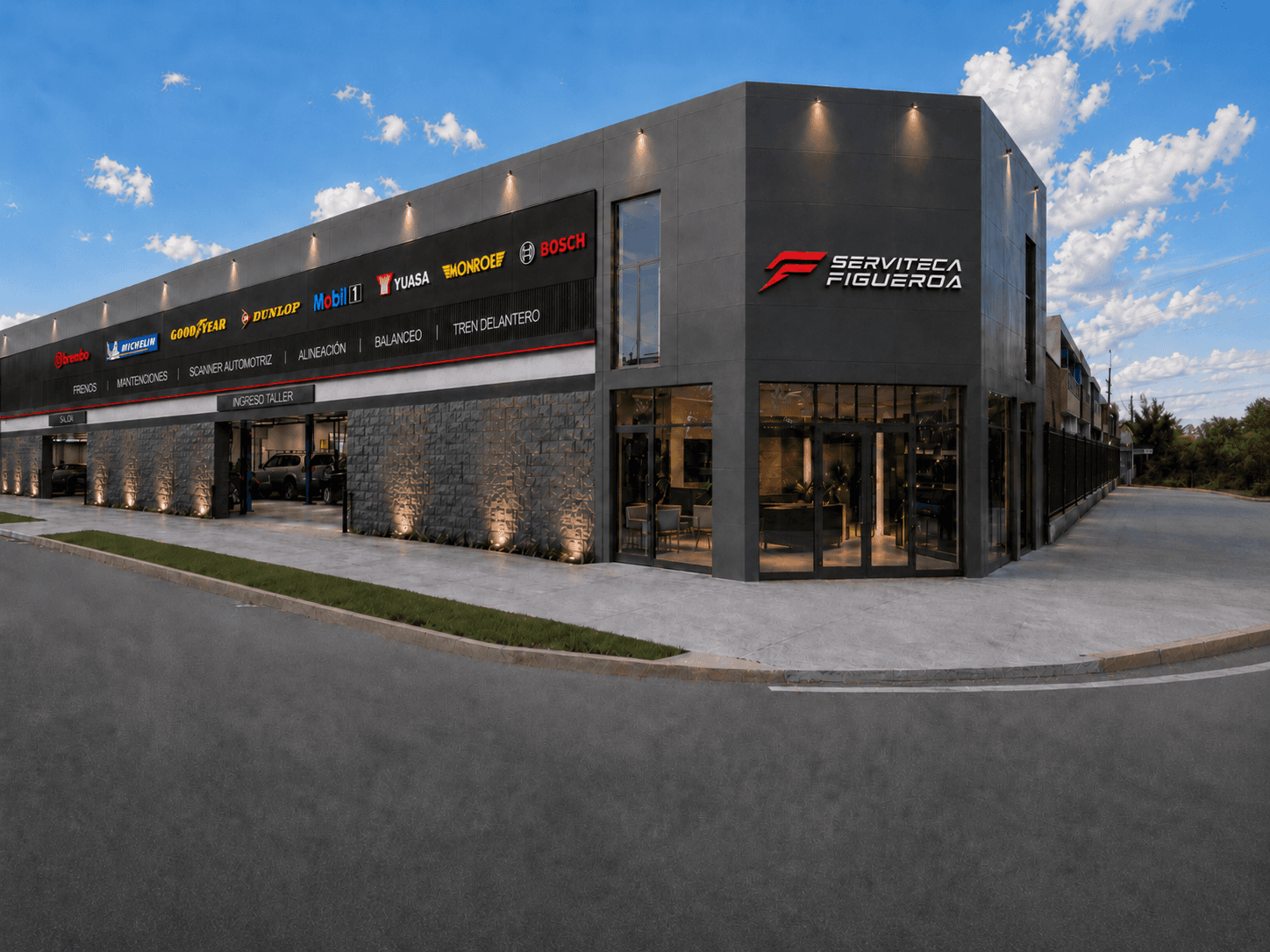 Fachada del taller Serviteca Figueroa: edificio oscuro con logo rojo y banner de marcas (Brembo, Michelin, Goodyear, Dunlop, Mobil 1, Yuasa, Monroe, Bosch)